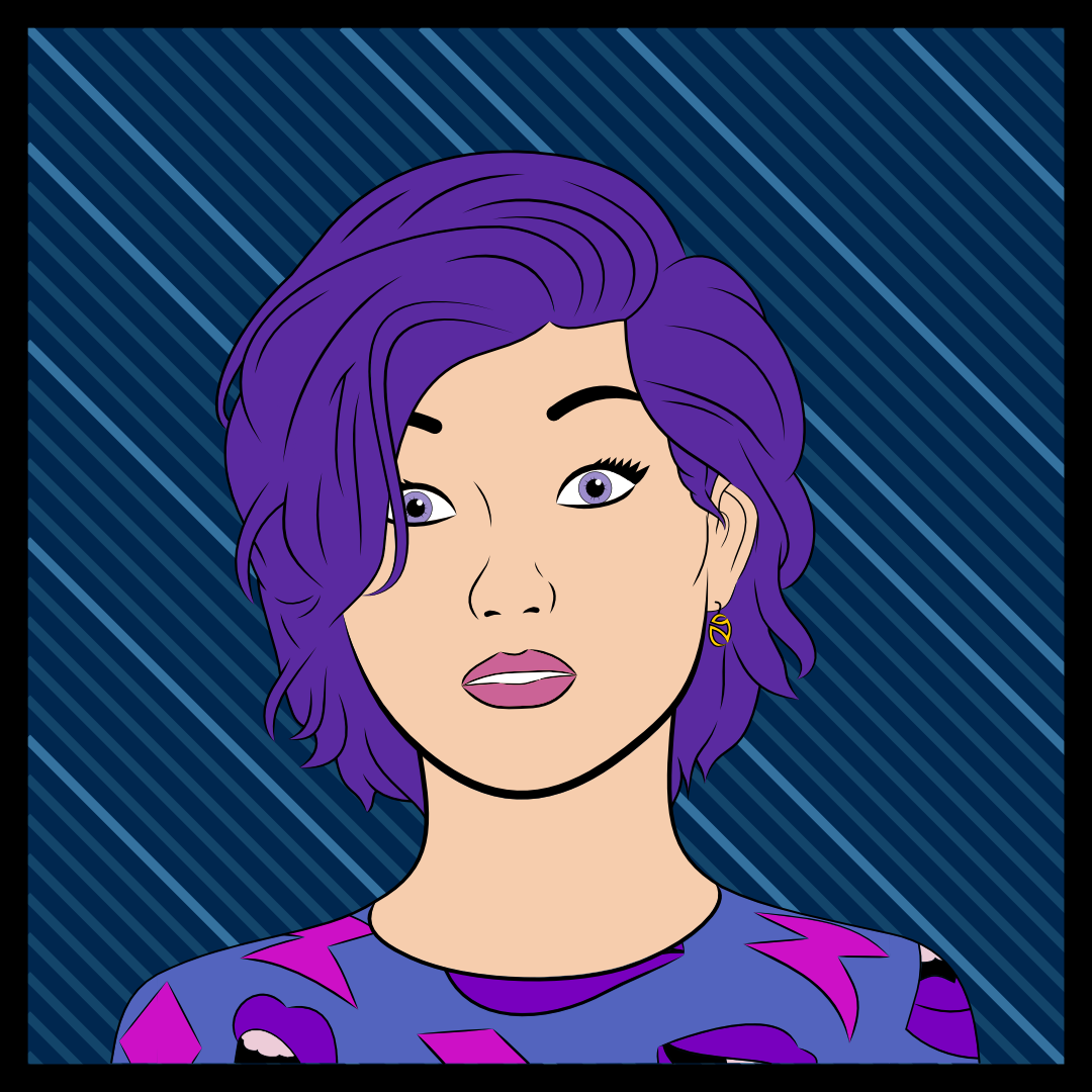 angelica, vector drawing of a young woman, purple hair, stylised